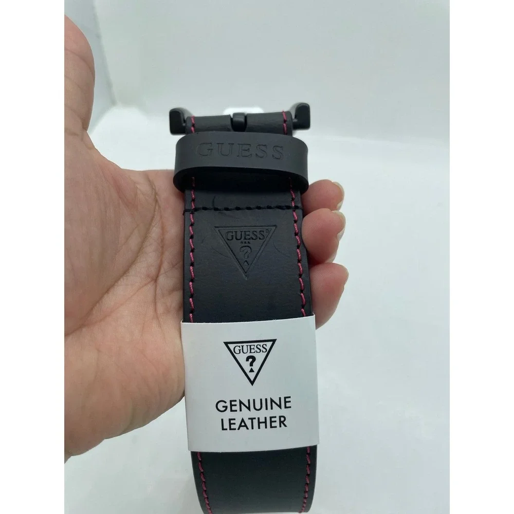 Guess Mens Genuine Leather Belt Black Red Contrast Stitch Matte Buckle New